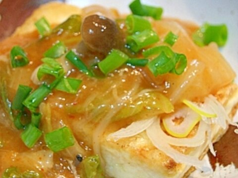 ヘルシーおつまみ◎豆腐ステーキキムチあんかけ